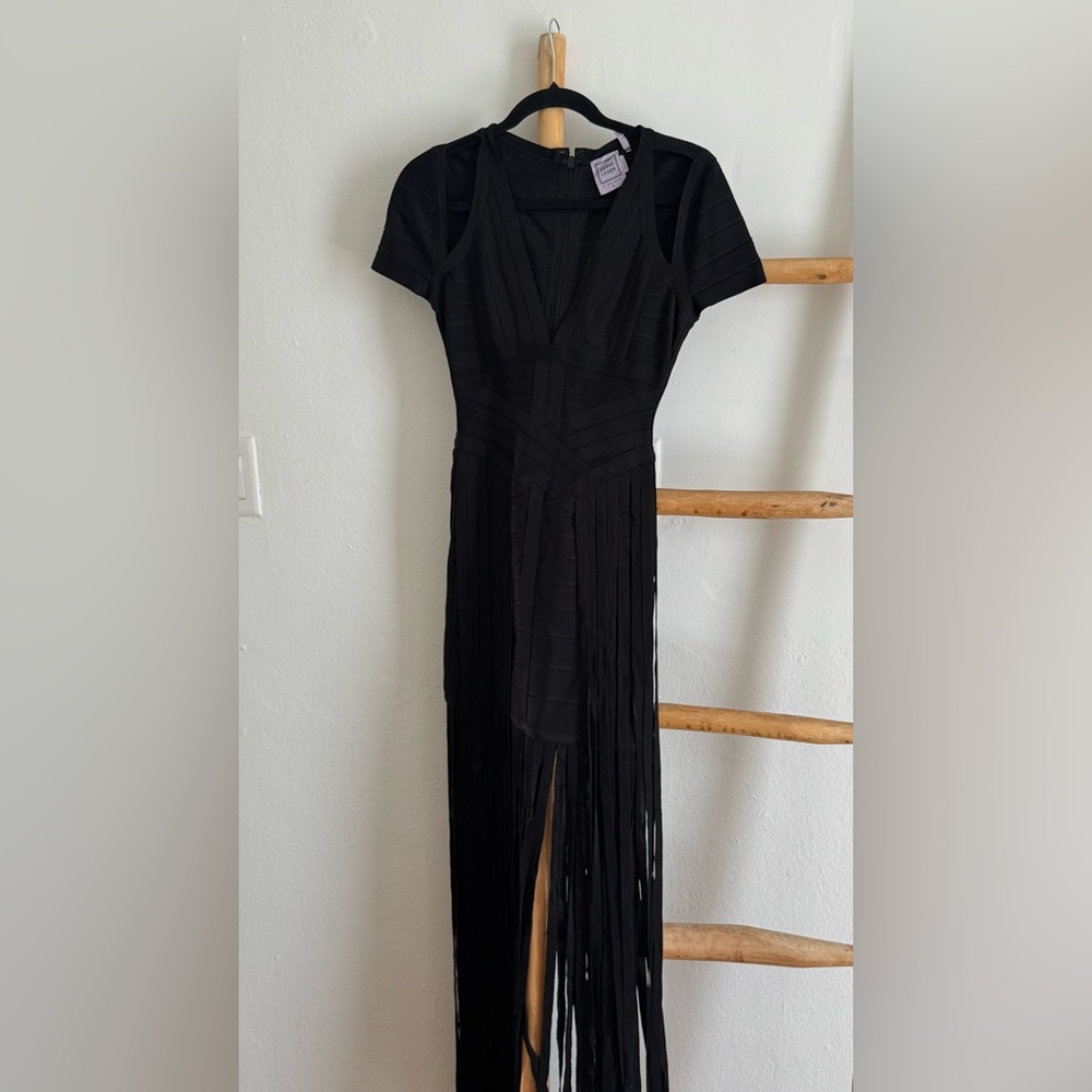 Herve Leger Black Fringe Midi Dress
